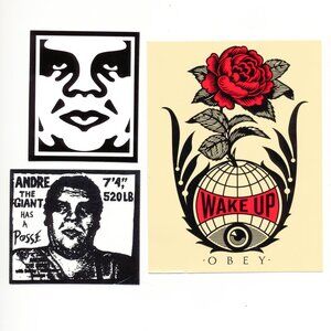 THREE Shepard Fairey Stickers: Wake Up + Icon + Andre the Giant Has A Posse